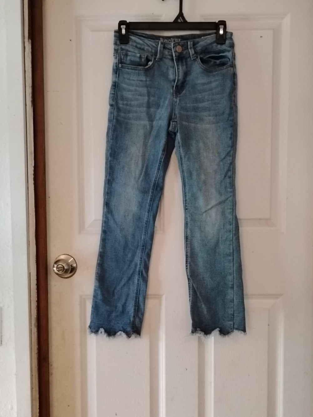 Rocks Women's Light Blue Straight Leg Jeans with Raw Hem